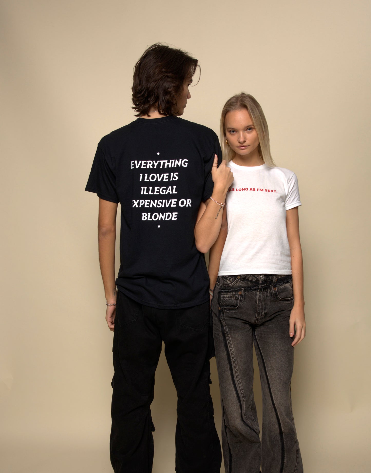 everything i love is illegal expensive or blonde t-shirt white. By FRASED. Unisex heavy cotton tee with a crew neckline and graphic screen print, made from 100% cotton, featuring a classic fit and tear-away label for comfort.