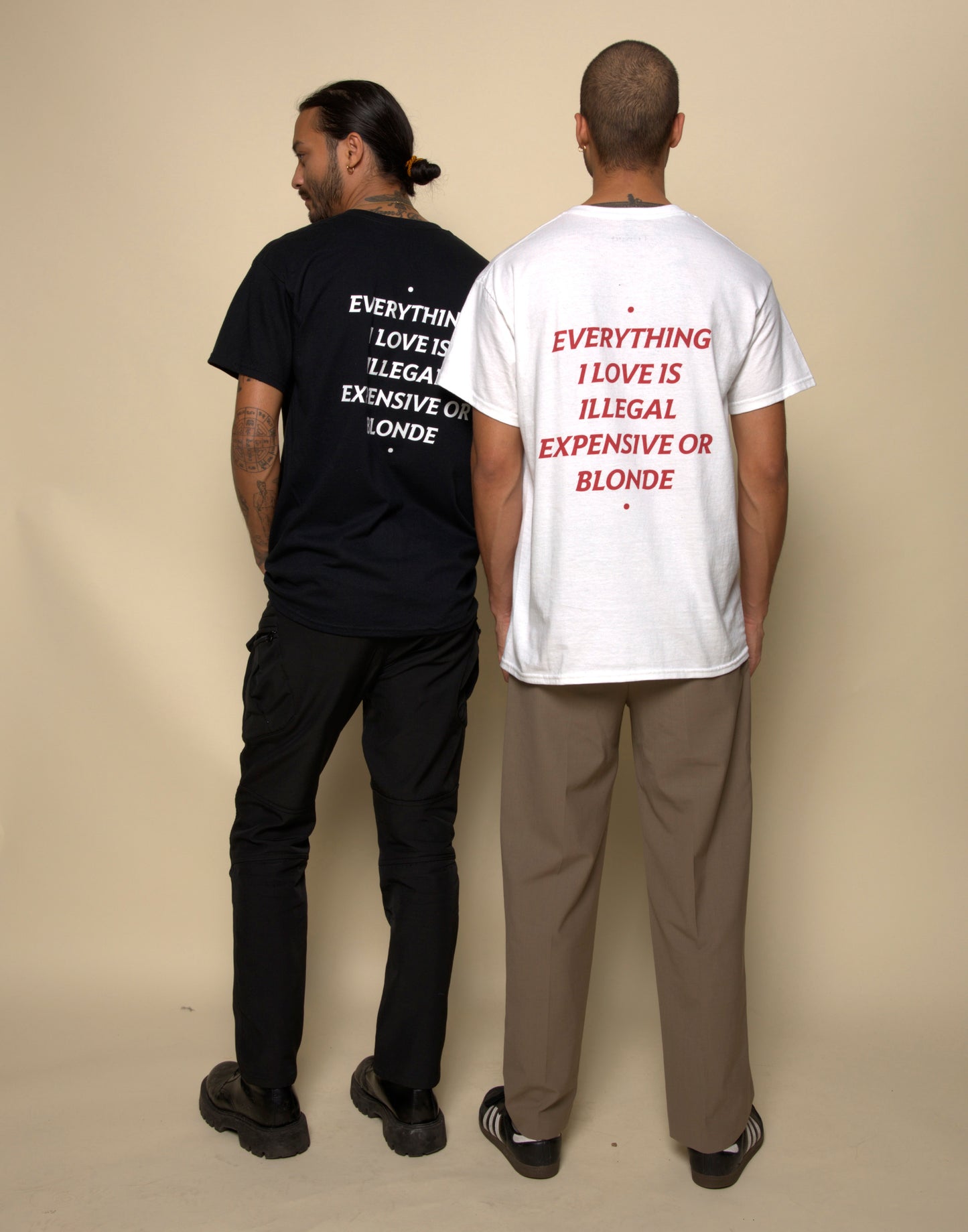 2 everything i love is illegal expensive or blonde t-shirt white and black. By FRASED. Unisex heavy cotton tee with a crew neckline and graphic screen print, made from 100% cotton, featuring a classic fit and tear-away label for comfort.