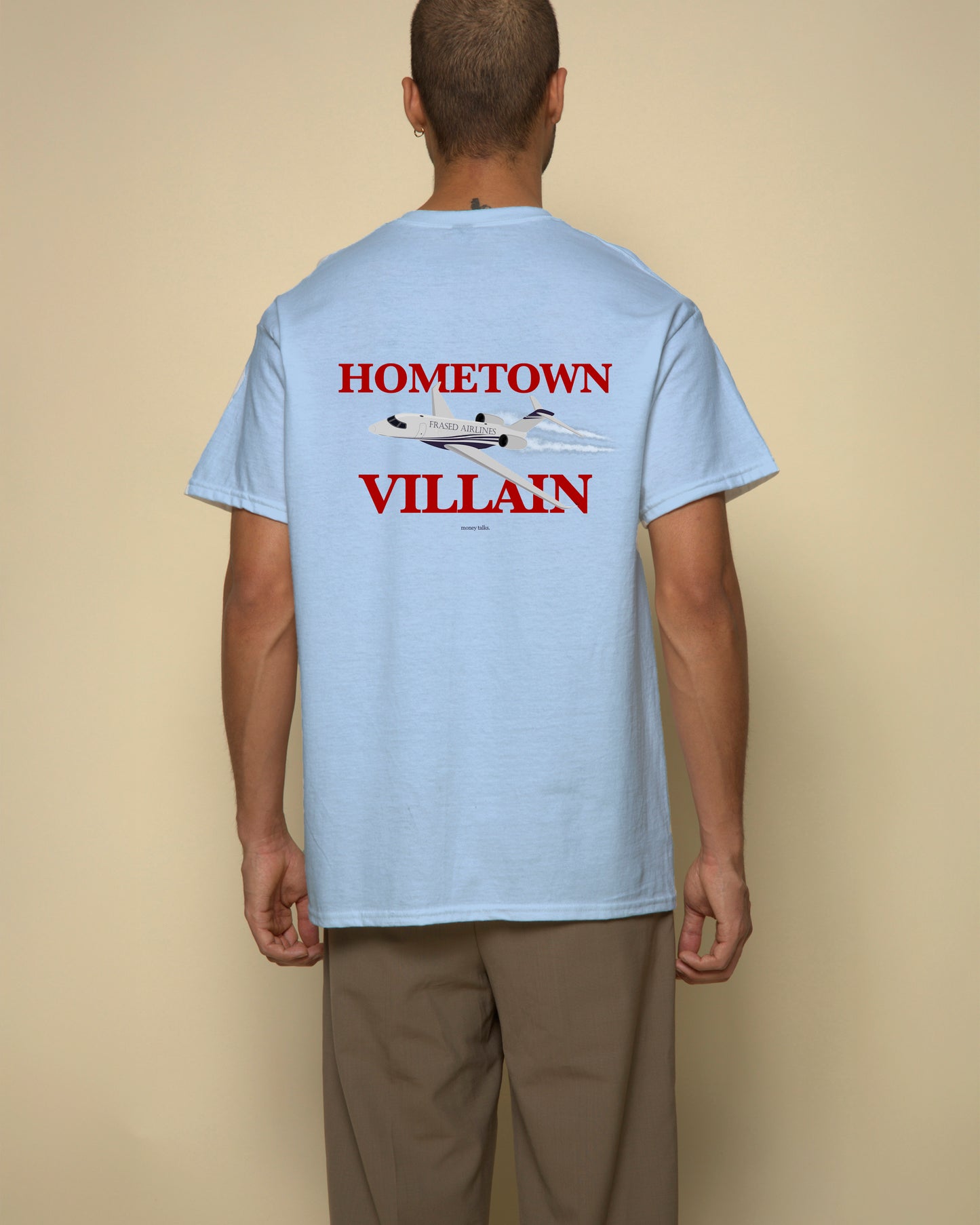 hometown villain t-shirt blue. By FRASED. Unisex heavy cotton tee with a crew neckline and graphic screen print, made from 100% cotton, featuring a classic fit and tear-away label for comfort.