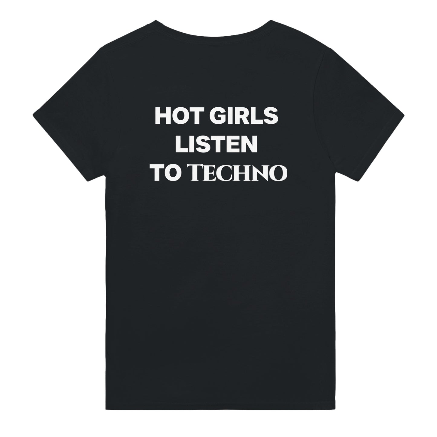 hot girls listen to techno t-shirt black. By FRASED. Unisex heavy cotton tee with a crew neckline and graphic screen print, made from 100% cotton, featuring a classic fit and tear-away label for comfort.