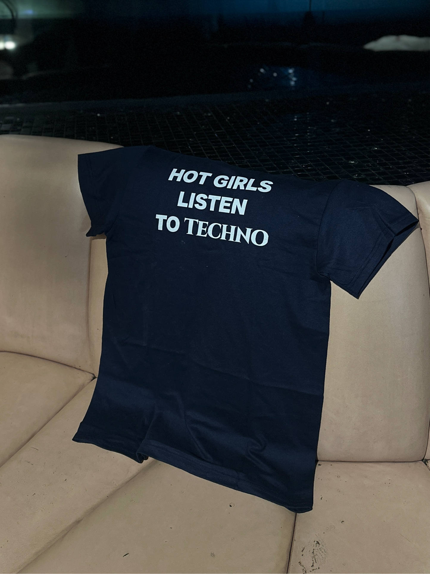 hot girls listen to techno t-shirt navy. By FRASED. Unisex heavy cotton tee with a crew neckline and graphic screen print, made from 100% cotton, featuring a classic fit and tear-away label for comfort.