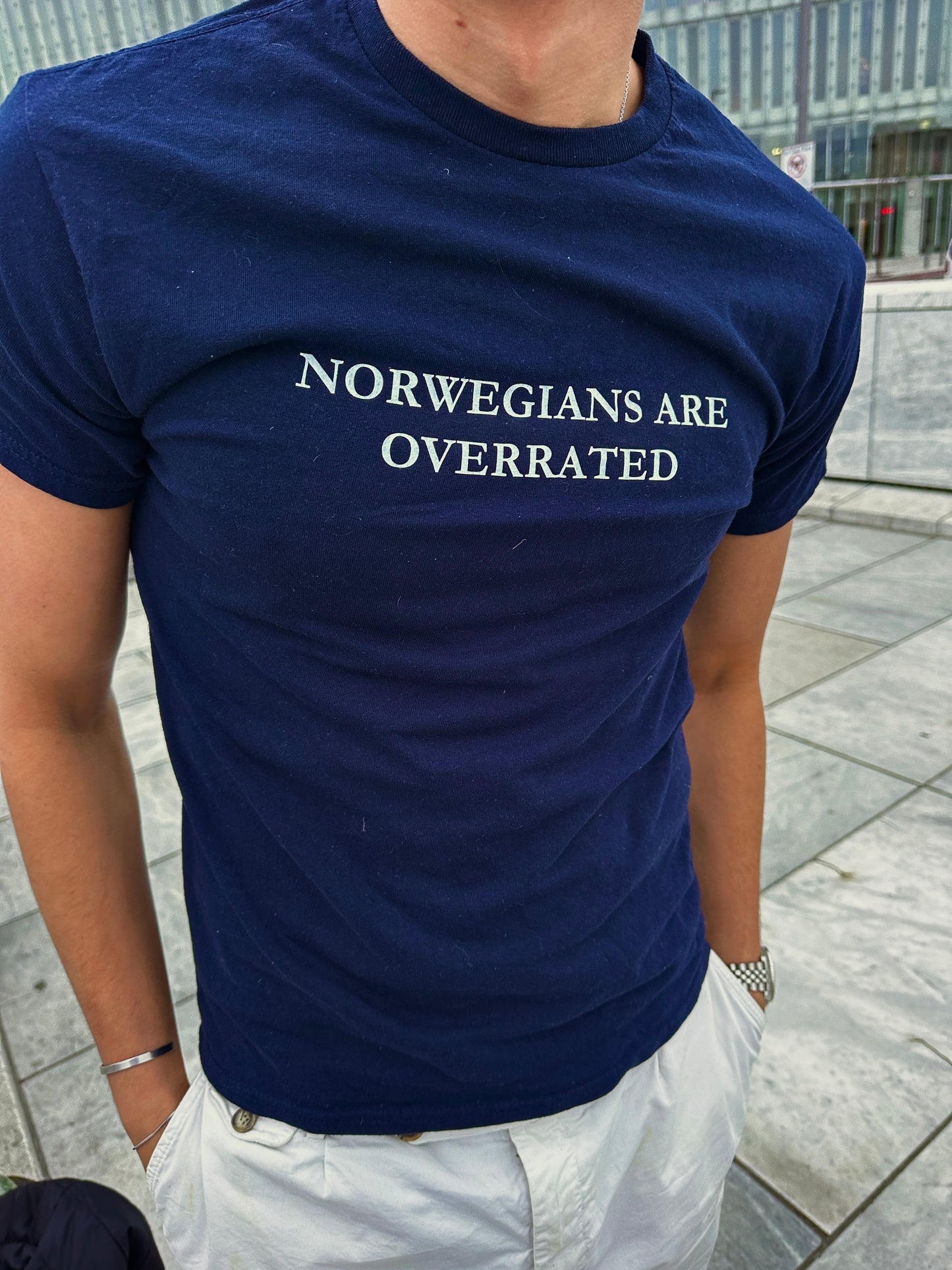 norwegians are overrated t-shirt navy. By FRASED. Unisex heavy cotton tee with a crew neckline and graphic screen print, made from 100% cotton, featuring a classic fit and tear-away label for comfort.