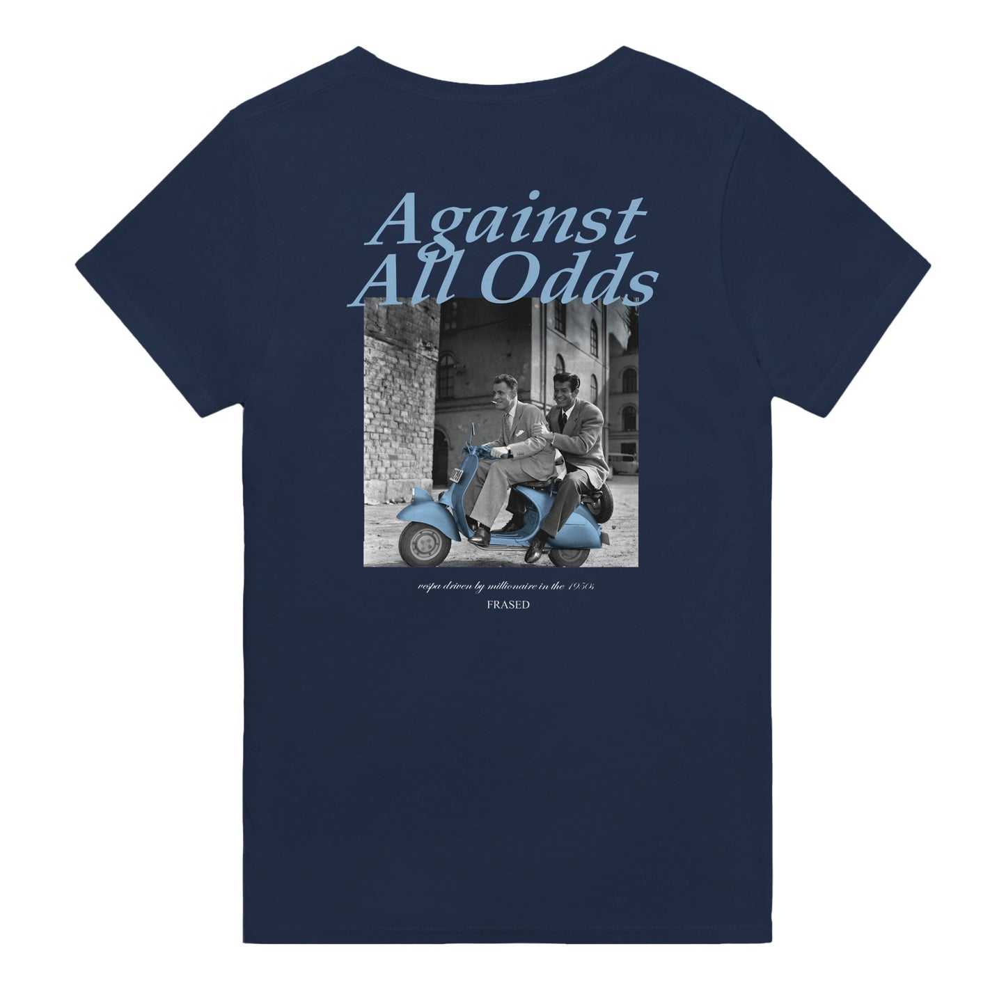 Against all odds t-shirt navy. Unisex heavy cotton tee with a crew neckline and graphic screen print, made from 100% cotton, featuring a classic fit and tear-away label for comfort.