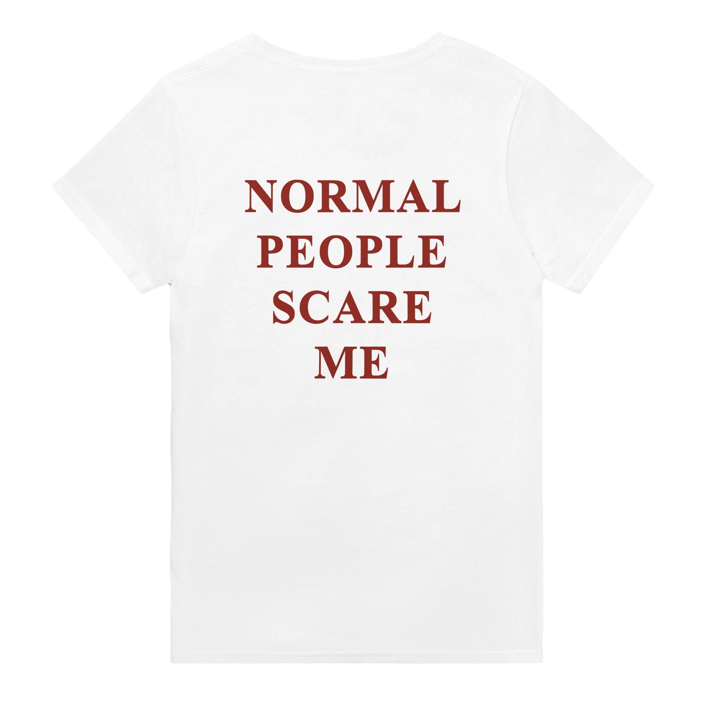 normal people scare me t-shirt white. By FRASED. Unisex heavy cotton tee with a crew neckline and graphic screen print, made from 100% cotton, featuring a classic fit and tear-away label for comfort.