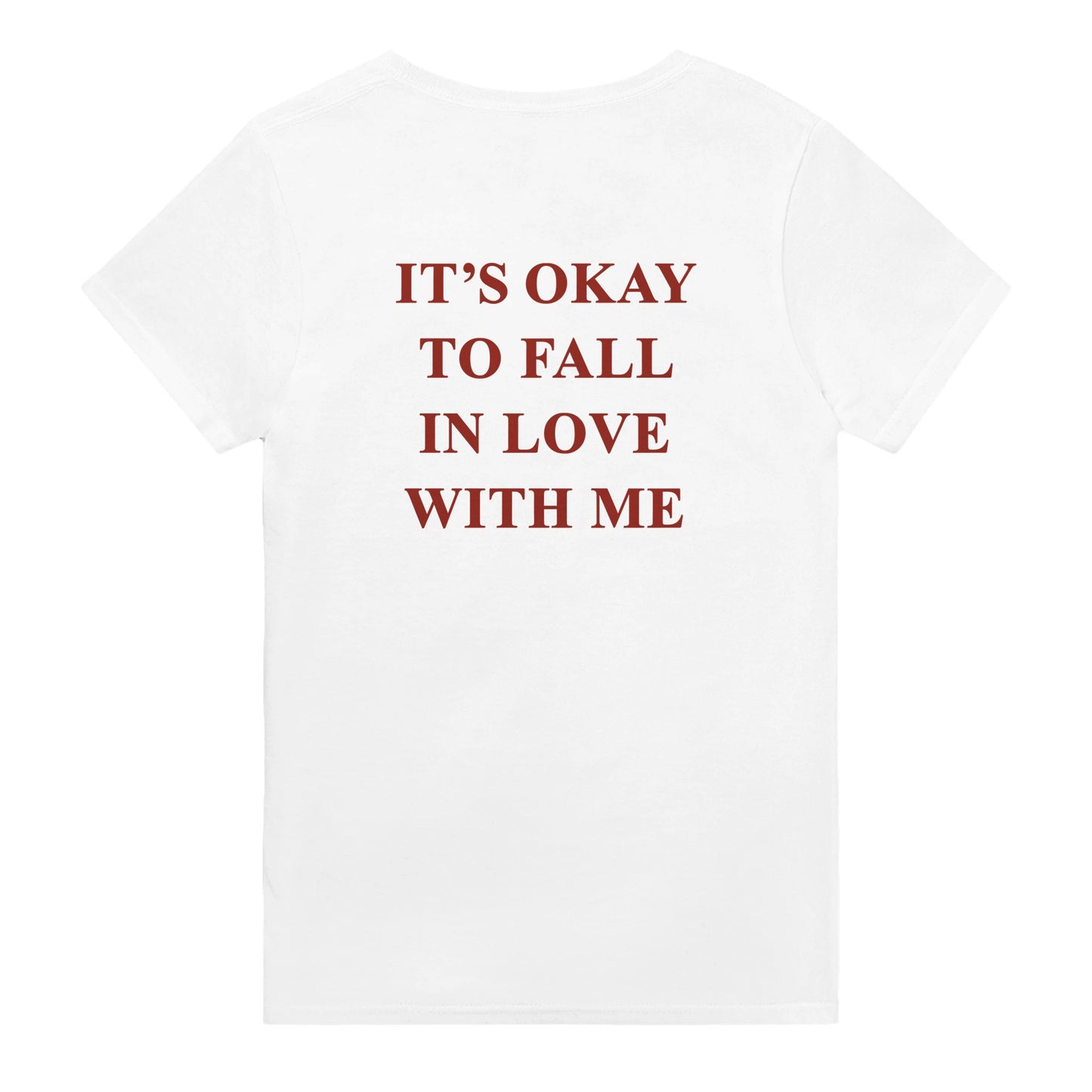 its okay to fall in love with me t-shirt white. By FRASED. Unisex heavy cotton tee with a crew neckline and graphic screen print, made from 100% cotton, featuring a classic fit and tear-away label for comfort.