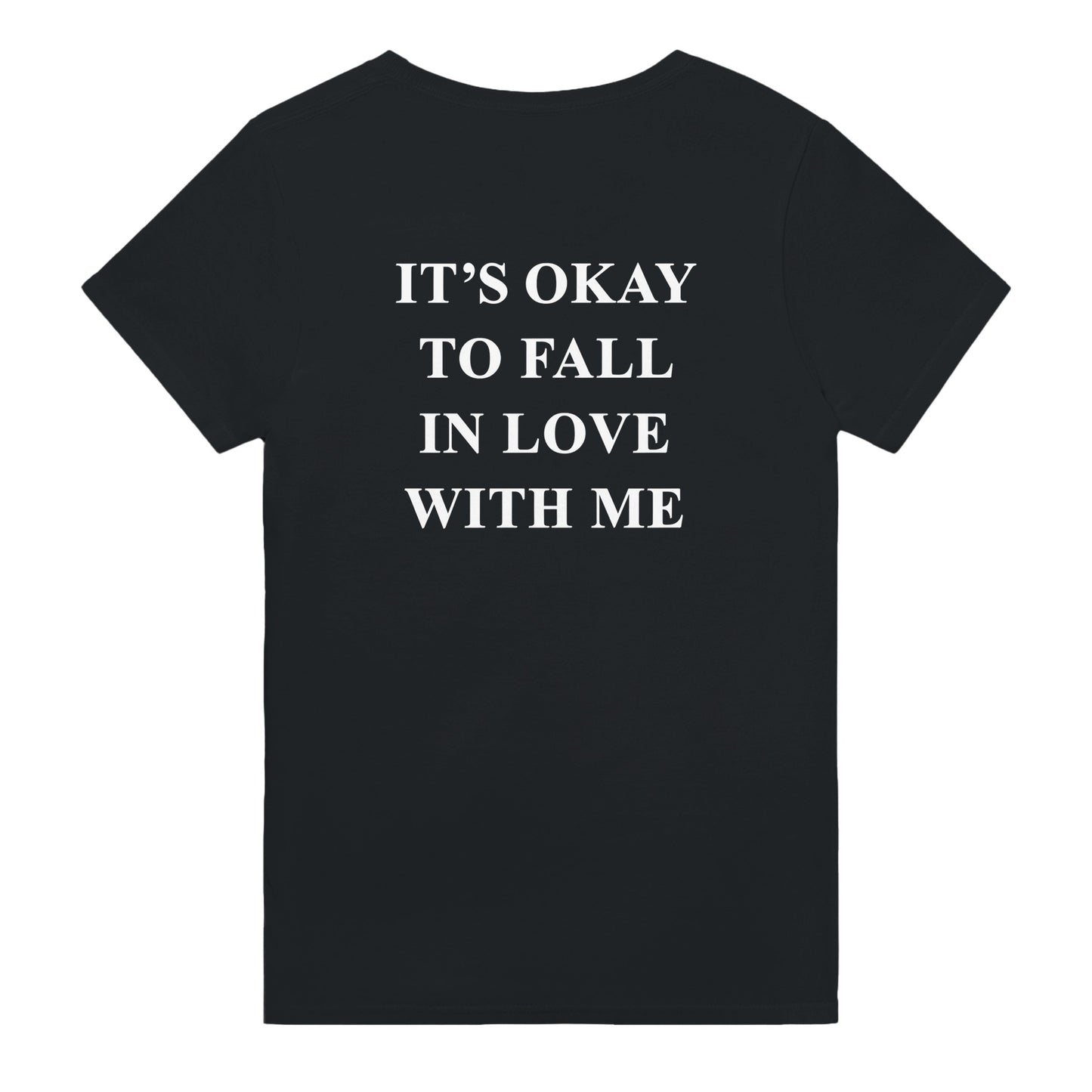 its okay to fall in love with me t-shirt black. By FRASED. Unisex heavy cotton tee with a crew neckline and graphic screen print, made from 100% cotton, featuring a classic fit and tear-away label for comfort.
