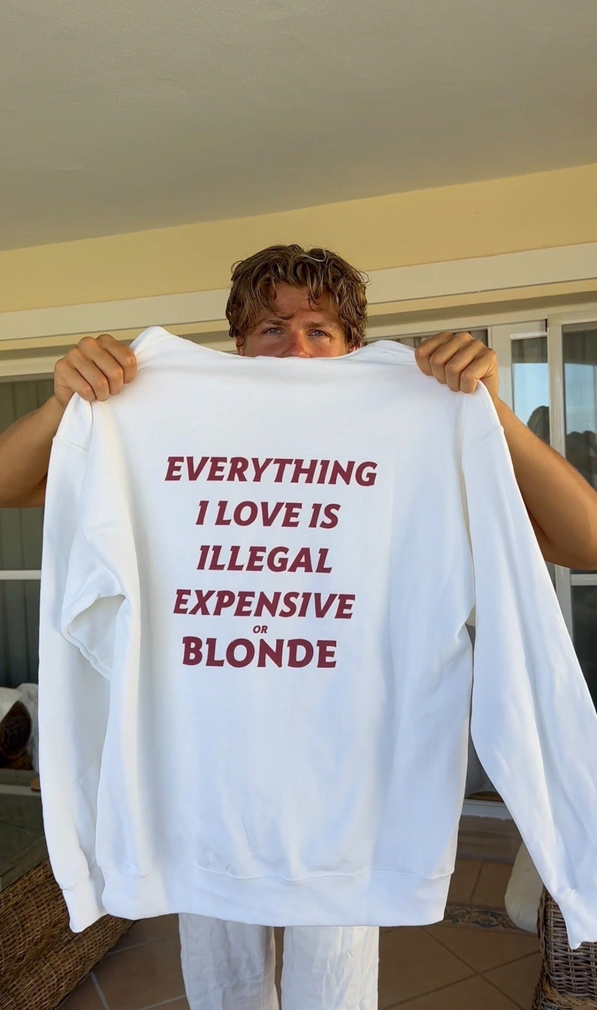 Person holding a white FRASED Everything I Love Is Illegal Expensive or Blonde hoodie