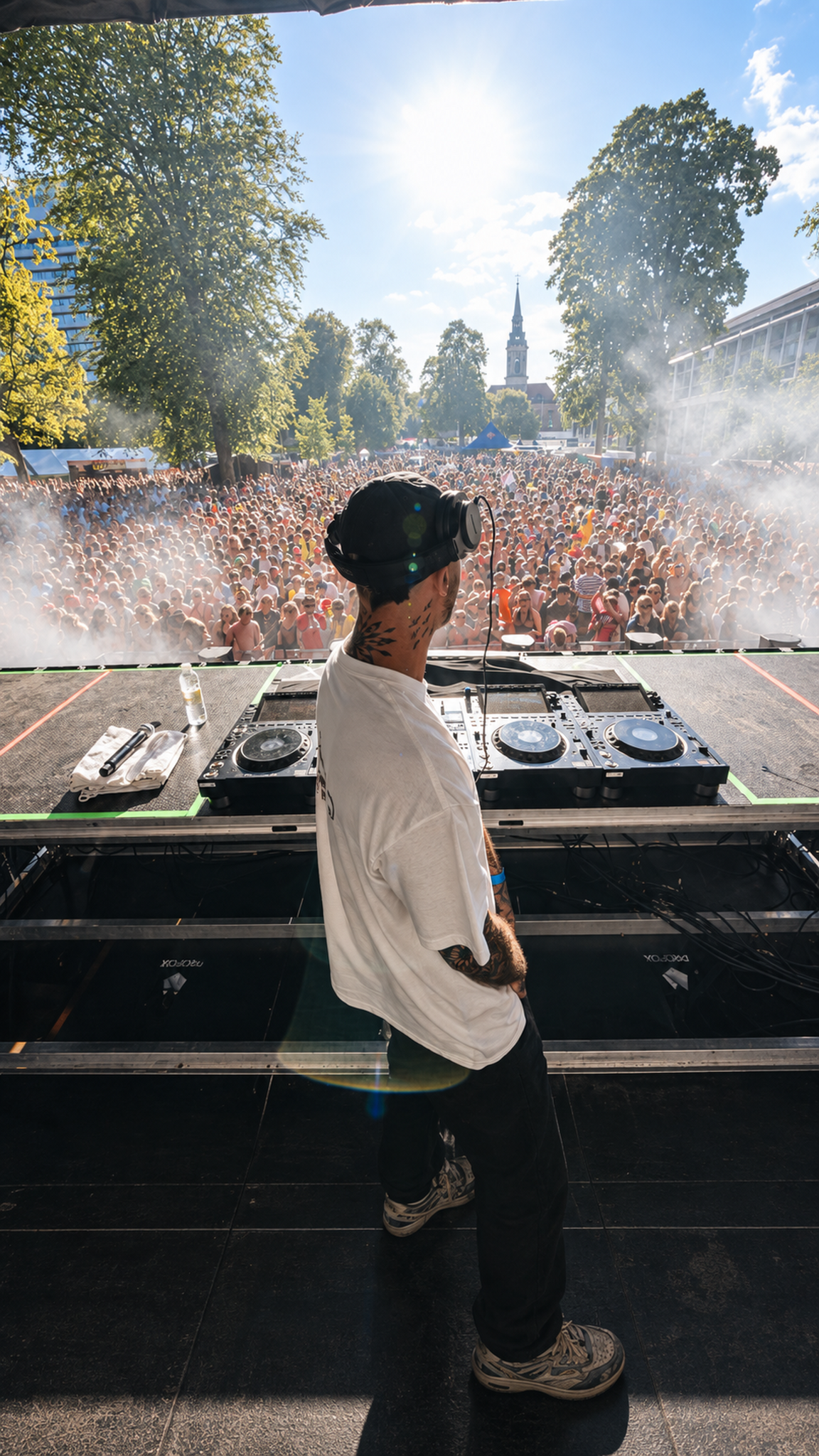 Faustix on stage overlooking a large festival crowd