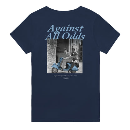 Against all odds t-shirt navy. Unisex heavy cotton tee with a crew neckline and graphic screen print, made from 100% cotton, featuring a classic fit and tear-away label for comfort.