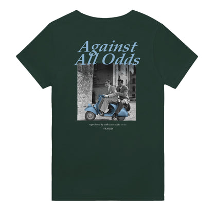 Against all odds t-shirt dark green. Unisex heavy cotton tee with a crew neckline and graphic screen print, made from 100% cotton, featuring a classic fit and tear-away label for comfort.