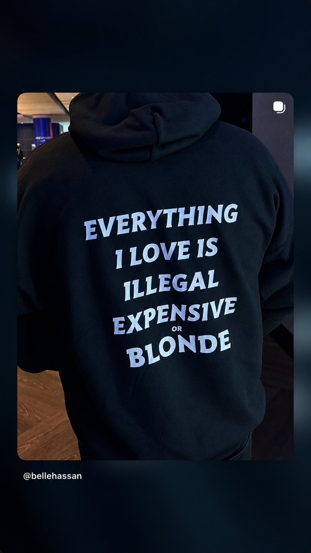 Close-up of the back of a black “EVERYTHING I LOVE IS ILLEGAL, EXPENSIVE OR BLONDE” hoodie.