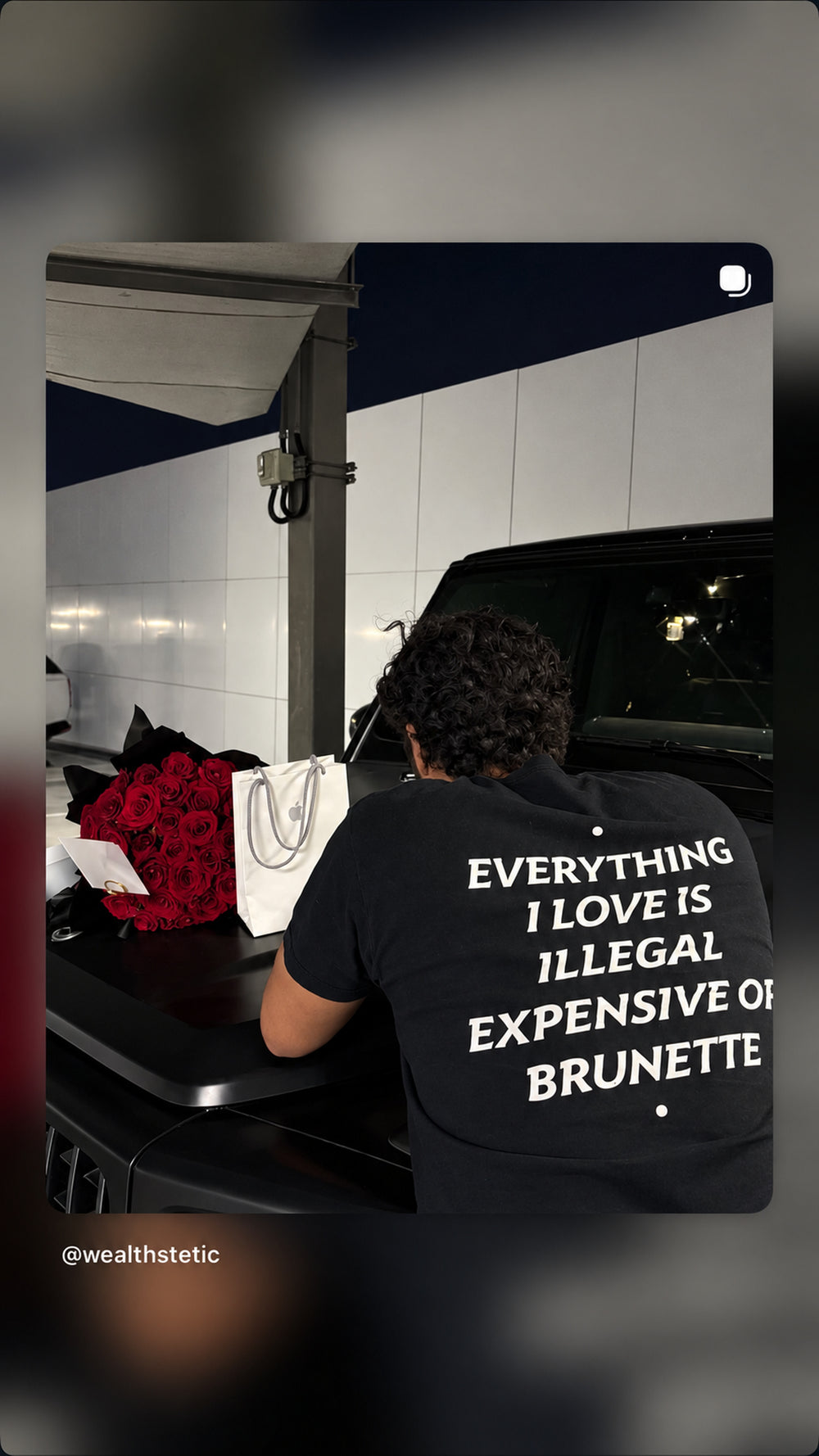 Person i sort EVERYTHING I LOVE IS ILLEGAL, EXPENSIVE OR BRUNETTE T-shirt ved røde roser og en bil.