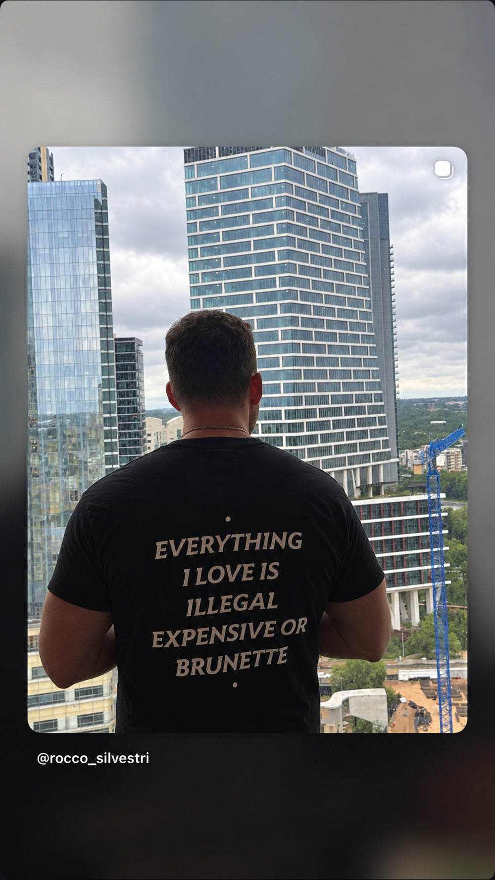 Mand i sort EVERYTHING I LOVE IS ILLEGAL, EXPENSIVE OR BRUNETTE T-shirt foran udsigt til højhuse.