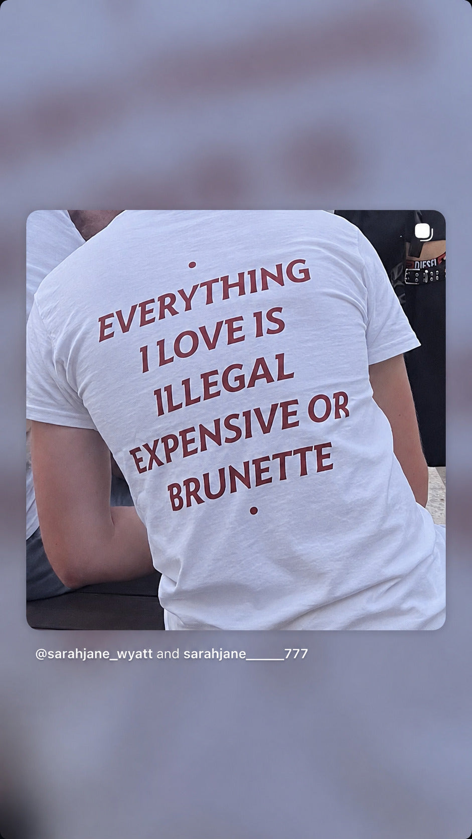 Nærbillede af ryggen på hvid EVERYTHING I LOVE IS ILLEGAL, EXPENSIVE OR BRUNETTE T-shirt.