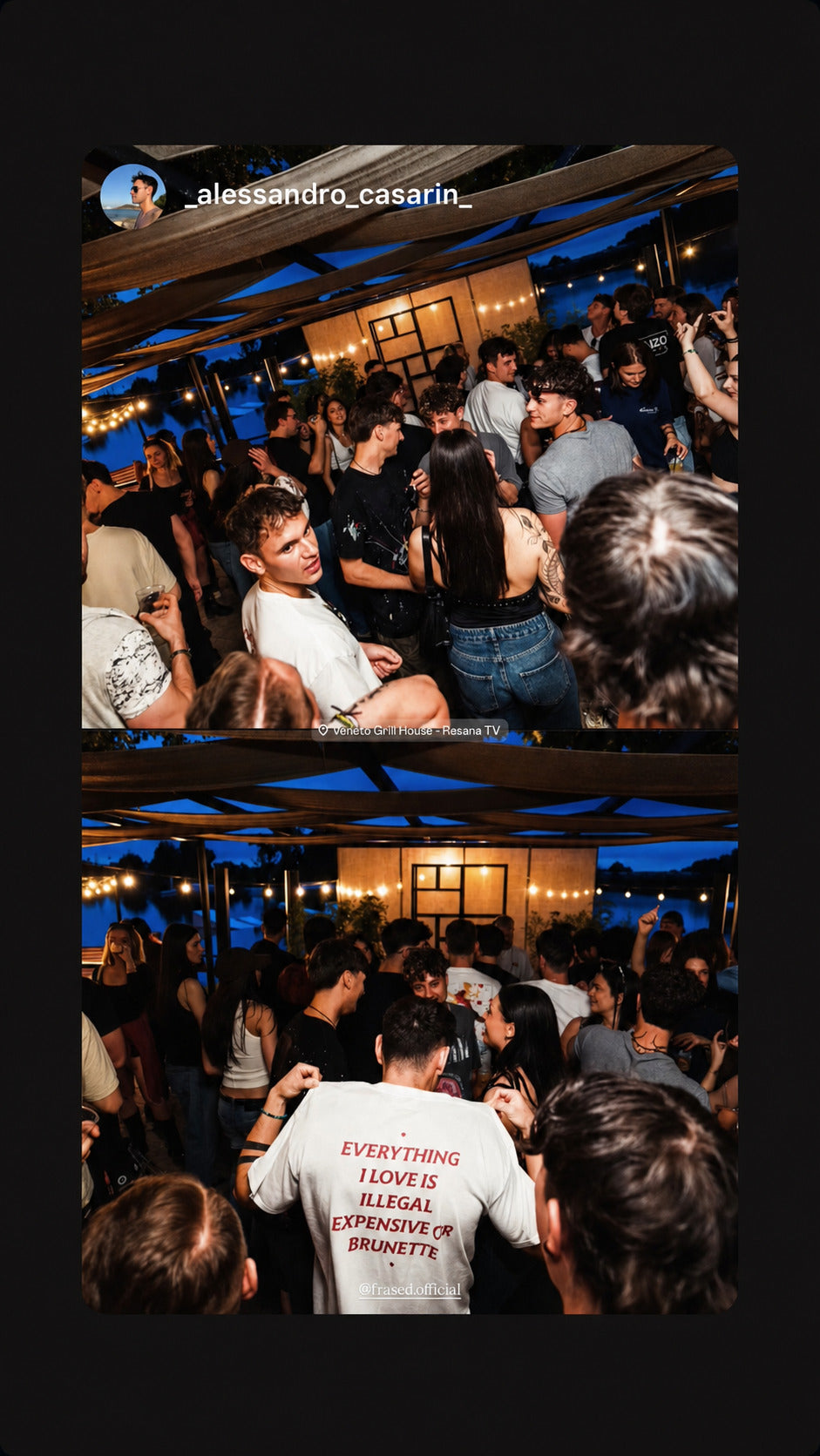 Mand i hvid EVERYTHING I LOVE IS ILLEGAL, EXPENSIVE OR BRUNETTE T-shirt danser i en fyldt bar.