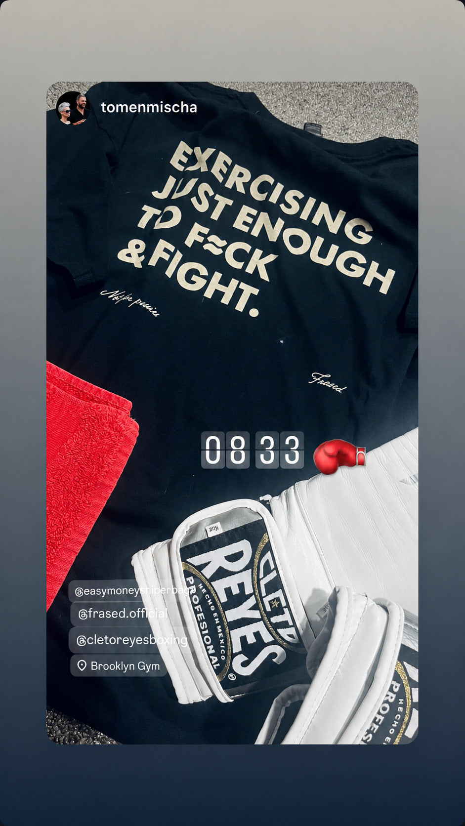 Black “EXERCISING JUST ENOUGH TO F*CK & FIGHT” T-shirt laid beside boxing gloves.