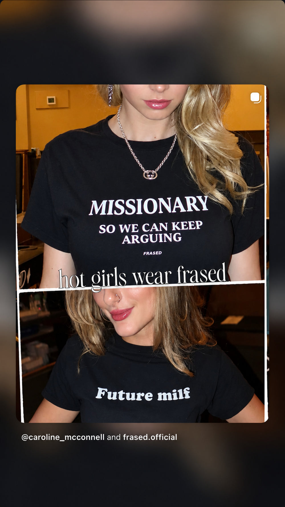 Collage of a black FRASED baby tee with “Missionary So We Can Keep Arguing” and a black 'Future milf' top.