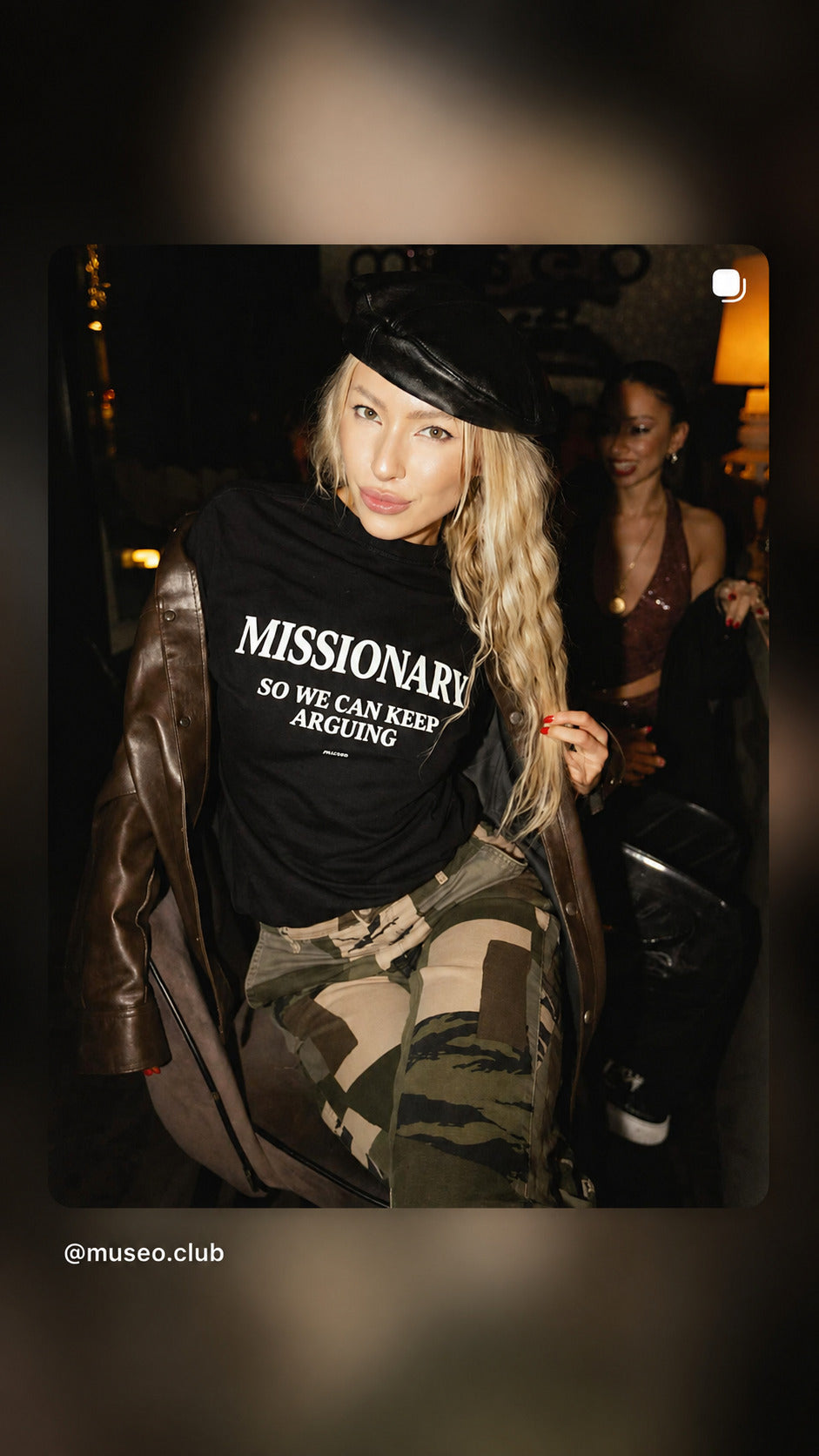 Woman in a black FRASED baby tee with white “Missionary So We Can Keep Arguing” print.