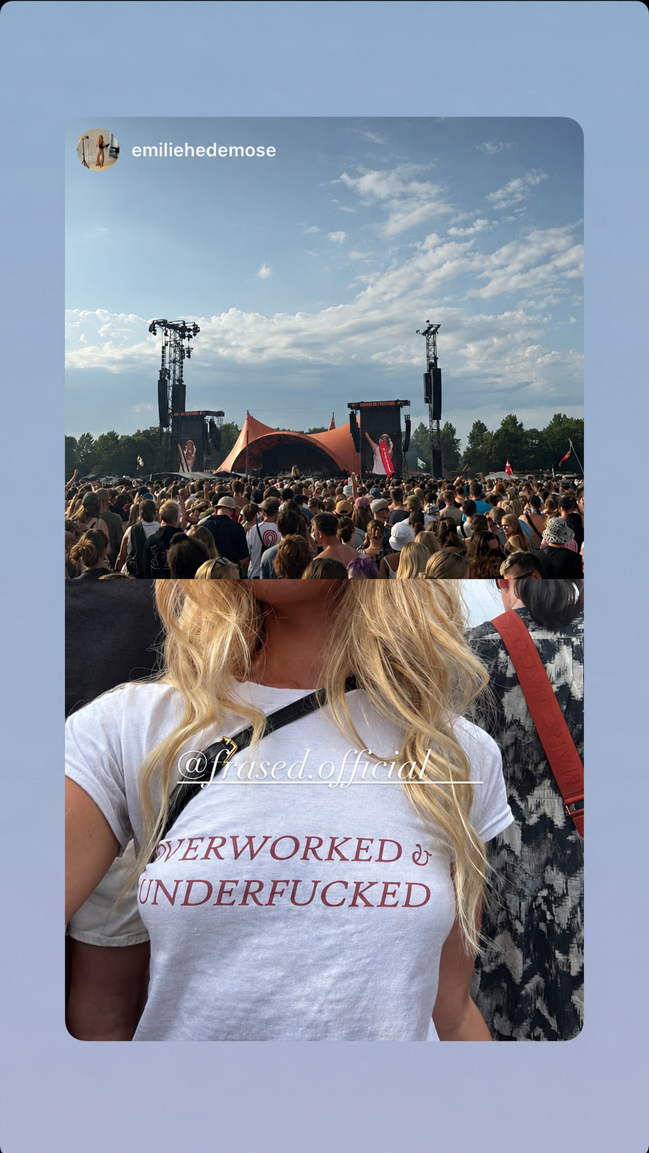 Collage af koncertpublikum og kvinde i hvid OVERWORKED & UNDERFUCKED T-shirt.