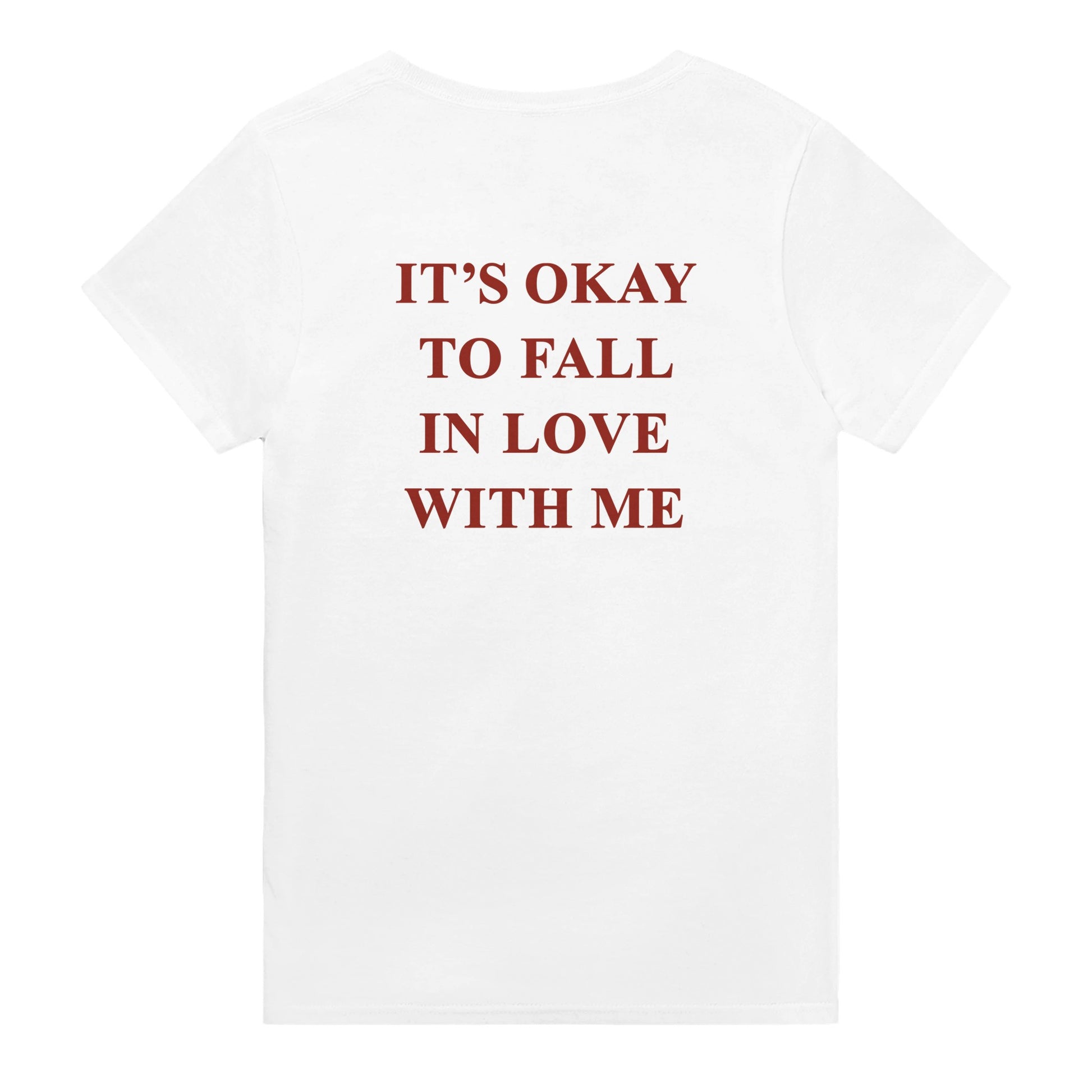 its okay to fall in love with me t-shirt white. By FRASED. Unisex heavy cotton tee with a crew neckline and graphic screen print, made from 100% cotton, featuring a classic fit and tear-away label for comfort.