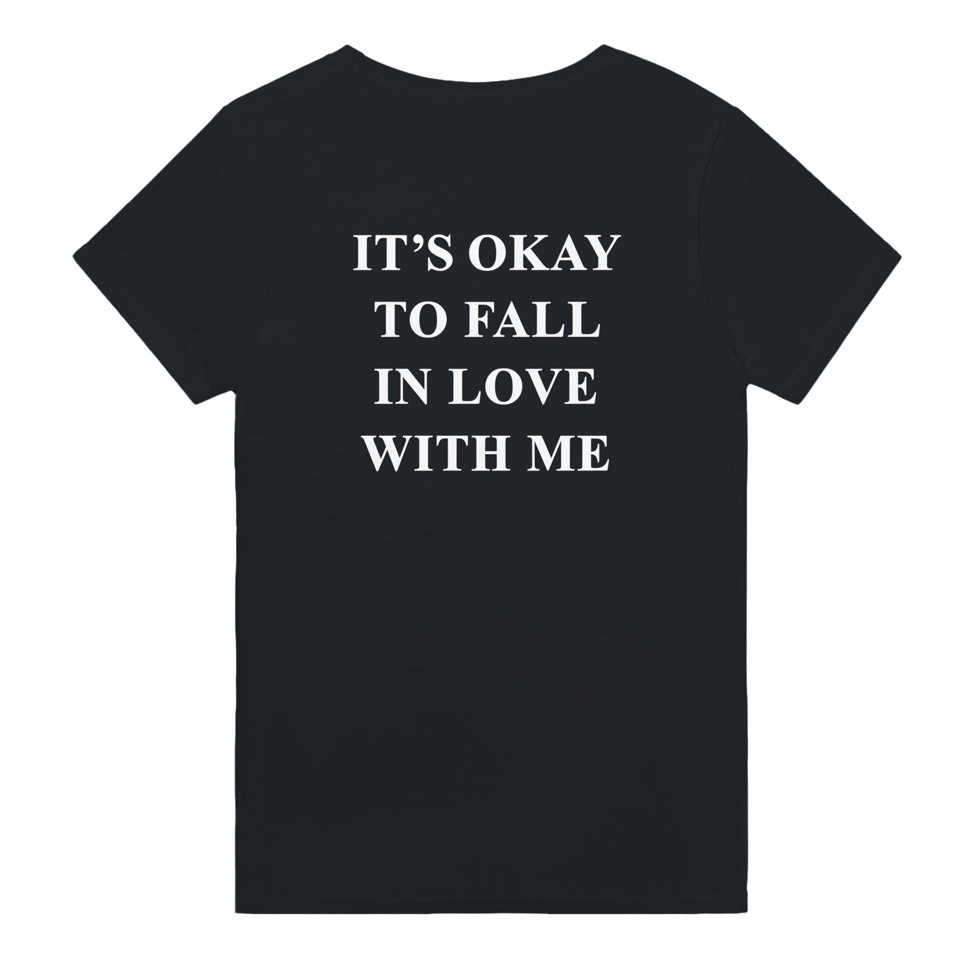 its okay to fall in love with me t-shirt black. By FRASED. Unisex heavy cotton tee with a crew neckline and graphic screen print, made from 100% cotton, featuring a classic fit and tear-away label for comfort.