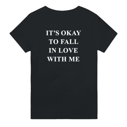 its okay to fall in love with me t-shirt black. By FRASED. Unisex heavy cotton tee with a crew neckline and graphic screen print, made from 100% cotton, featuring a classic fit and tear-away label for comfort.