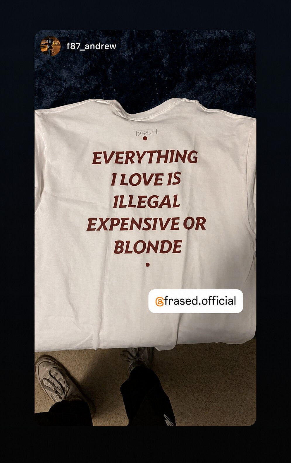 Folded white “EVERYTHING I LOVE IS ILLEGAL EXPENSIVE OR BLONDE” T-shirt with red print.