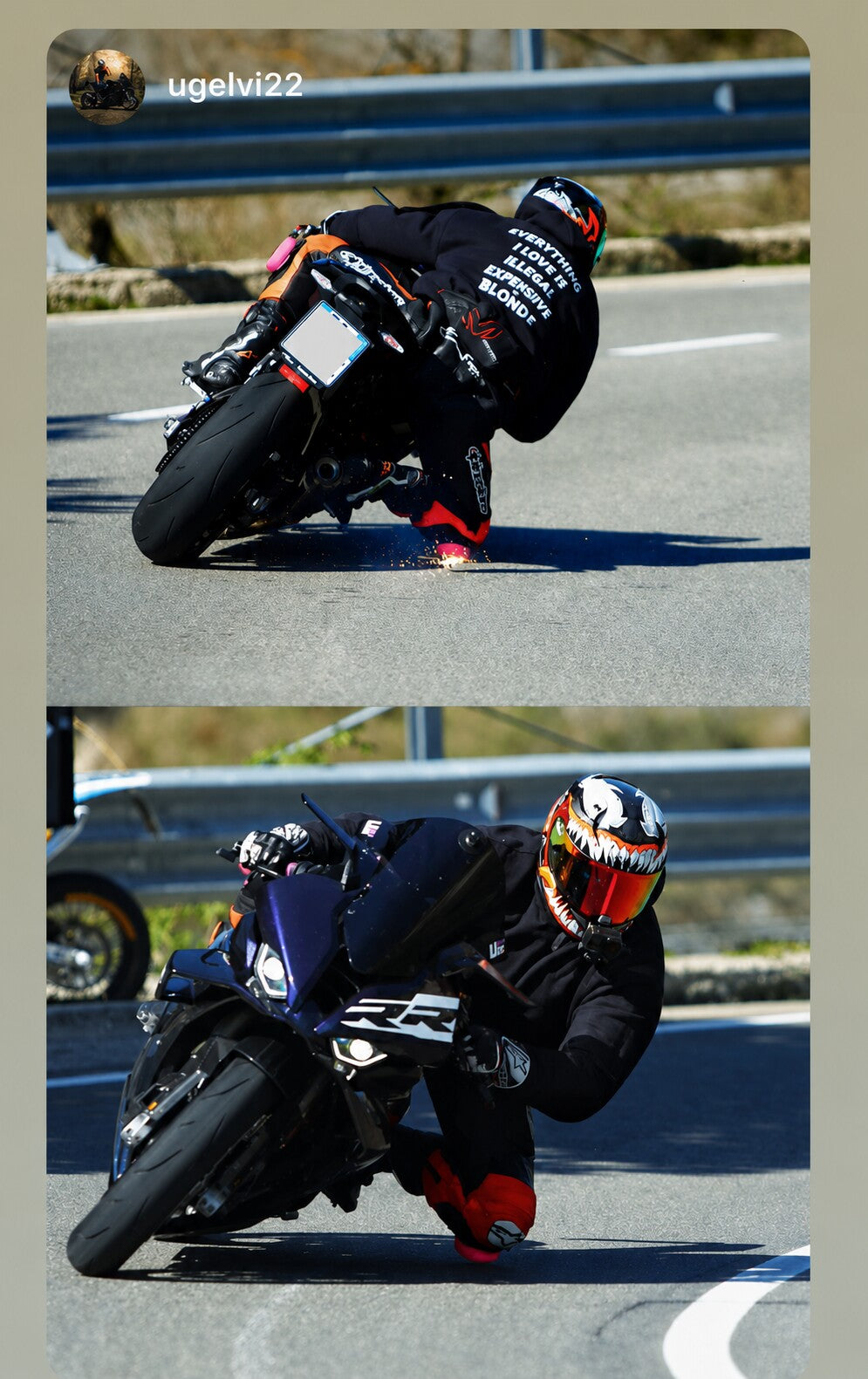 Two photos of a motorcyclist leaning into a turn in a black hoodie with “EVERYTHING I LOVE IS ILLEGAL EXPENSIVE OR BLONDE” on the back.