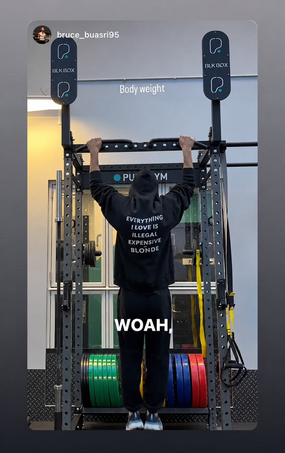 Person hanging from a pull-up bar at a gym in a black hoodie with white “EVERYTHING I LOVE IS ILLEGAL EXPENSIVE OR BLONDE” print.
