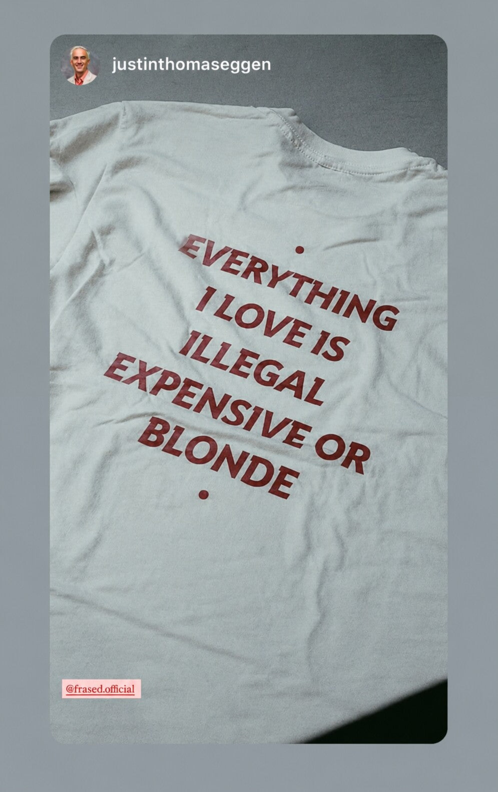 White “EVERYTHING I LOVE IS ILLEGAL EXPENSIVE OR BLONDE” T-shirt laid flat with red back print.